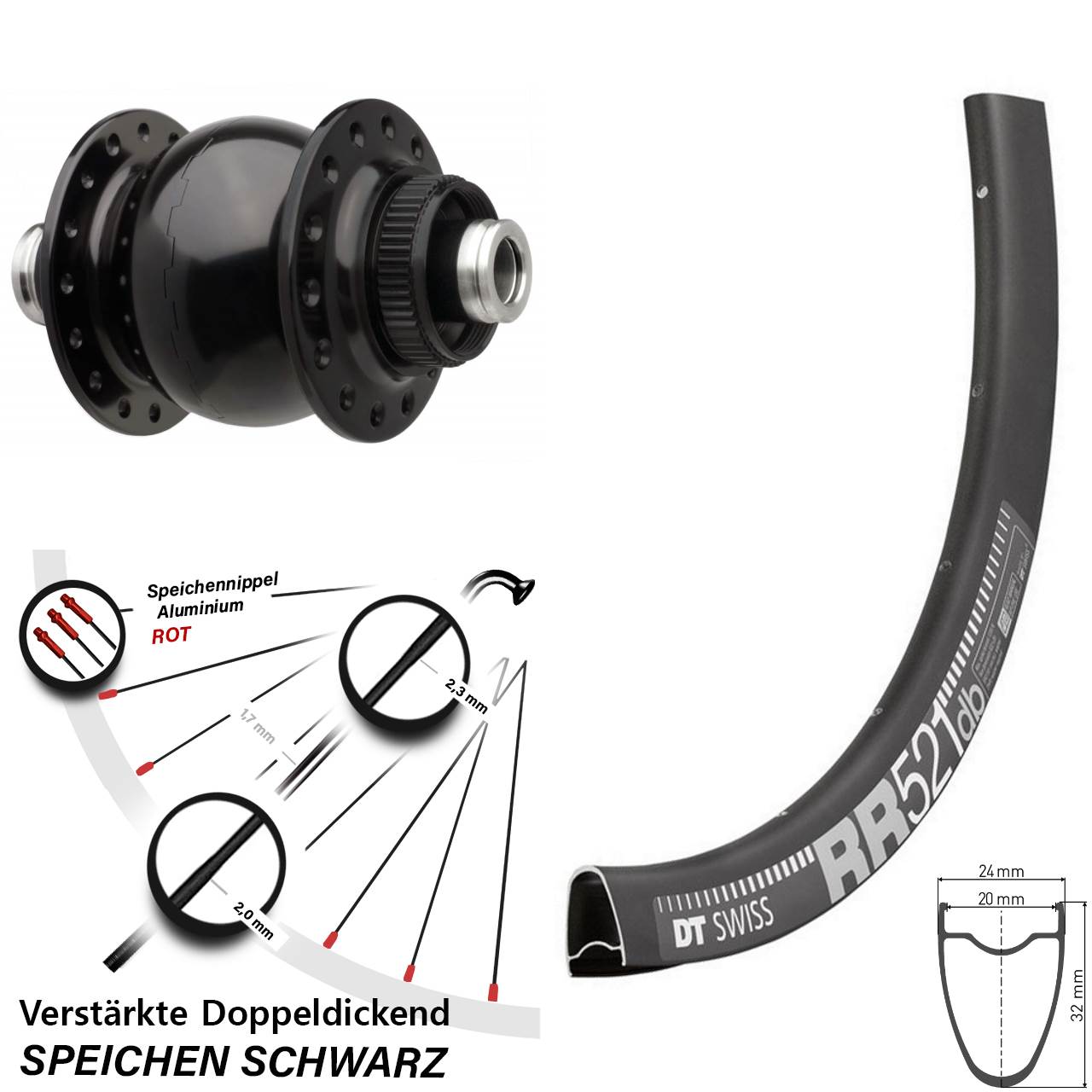 Vorderrad Boost Dynamo 12x110 mm SON 28-12 Centerlock DT Swiss RR 521 Bikepacking 28 Zoll