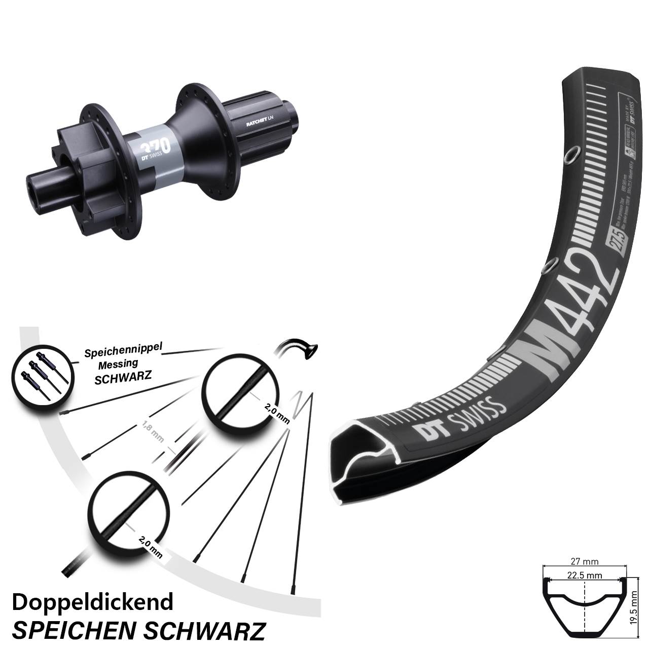 M 442 DT Swiss 370 12x142 mm Hinterrad 29 Zoll Disc 6-Loch 8-11 fach
