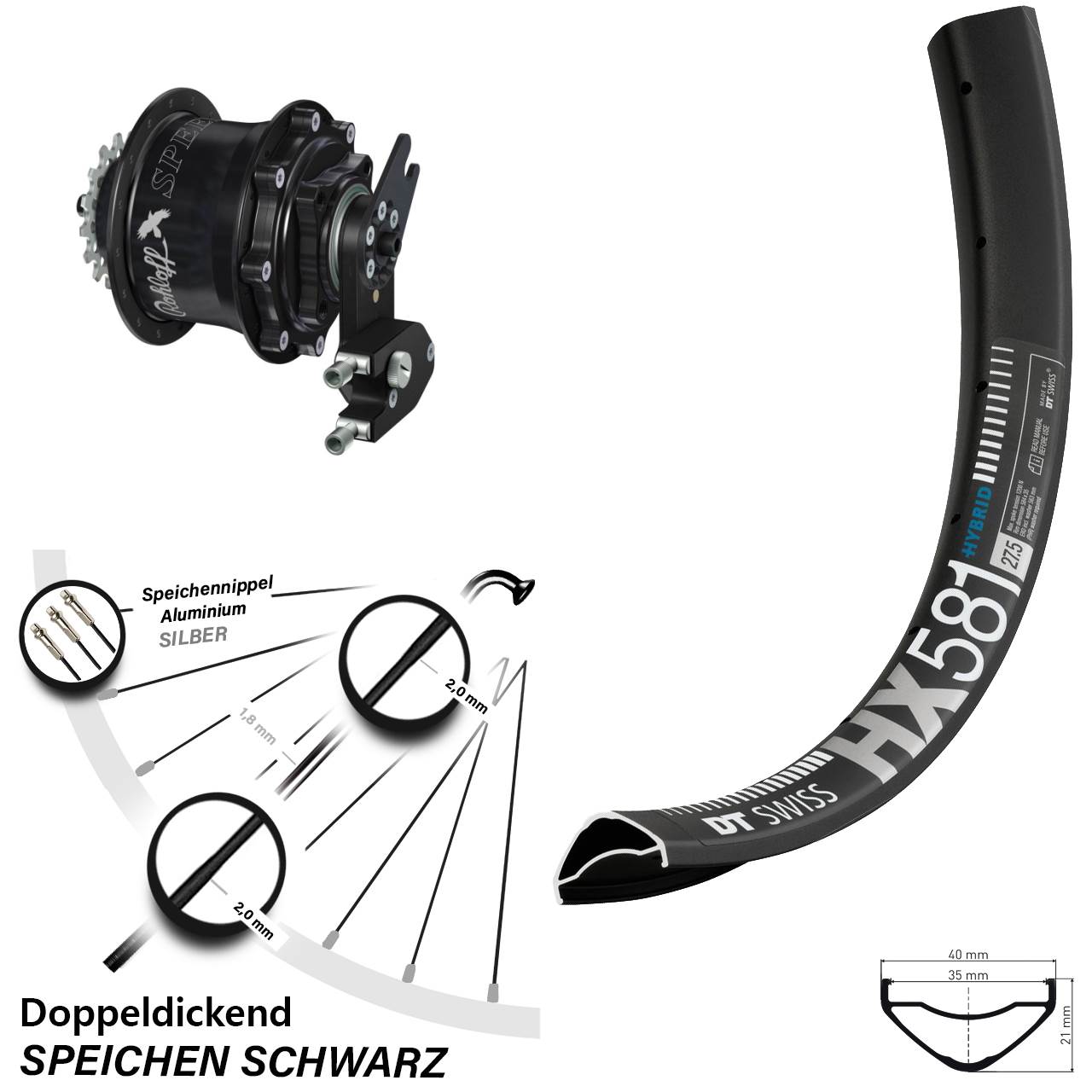 Disc Laufrad 27,5 Zoll DT Swiss HX 581 Rohloff Speedhub CC DB OEM2 Tandem schwarz