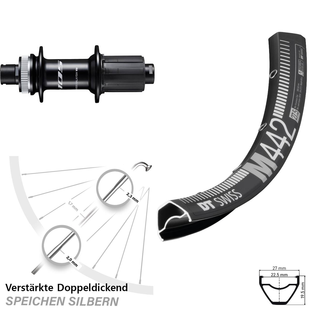 Hinterrad Centerlock 12x142 29 Zoll DT Swiss M442 Shimano 105 8-12 fach HG