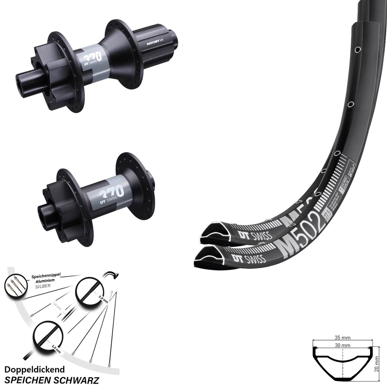 Laufradsatz 29 Zoll M 502 DT Swiss 370 Steckachse 100x142 mm 11-fach MTB