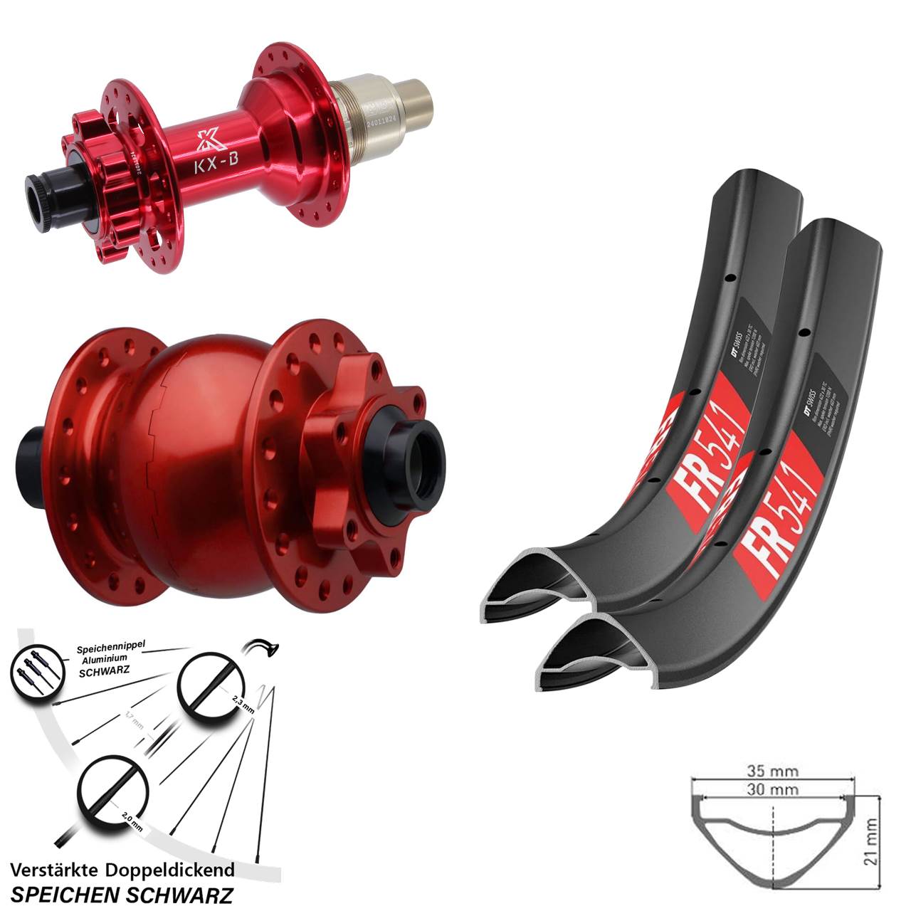 Laufradsatz 6-Loch 15x110 12x148 27,5 Zoll DT Swiss FR 541 KX-B rot SON 28 XD 11-12 fach