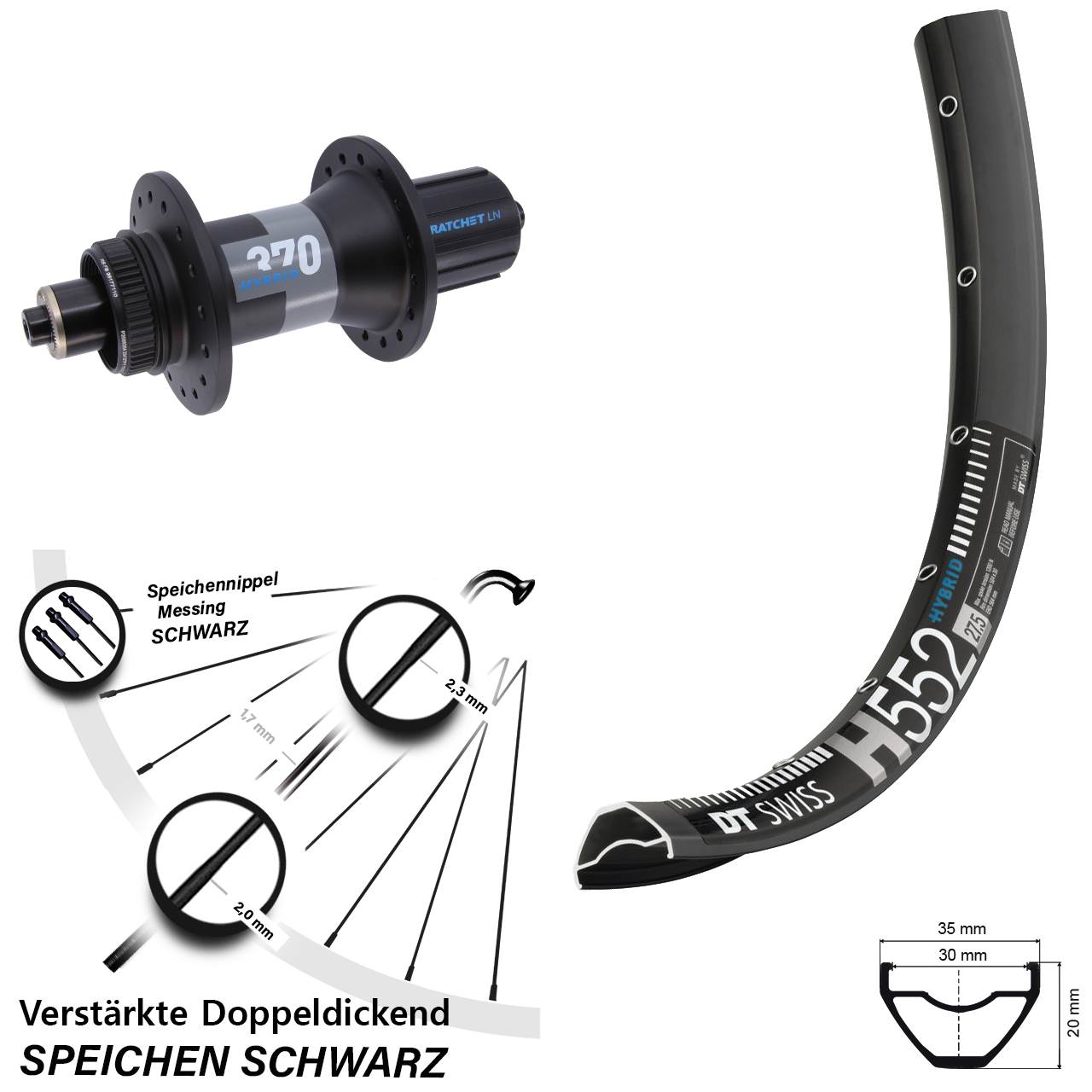 27,5 Zoll DT Swiss H552 DT Swiss 370 Hybrid Boost Disc Hinterrad QR Boost 8-11 fach HG