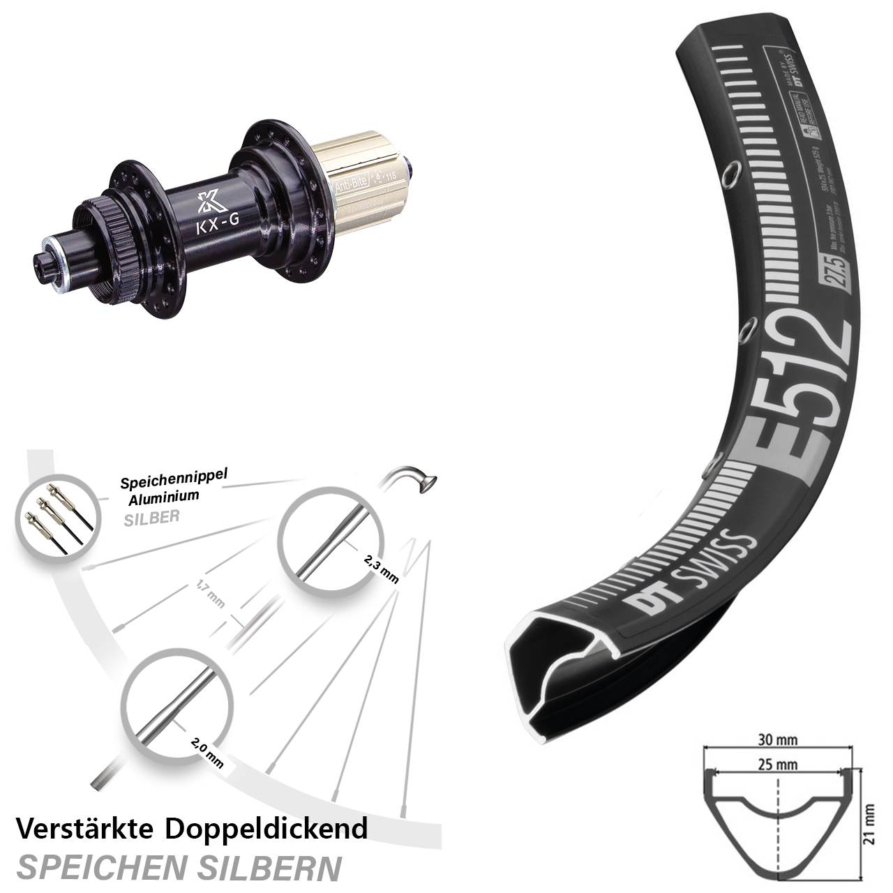 29 Zoll DT Swiss E 512 KX-G Centerlock Hinterrad QR 8-12 fach HG