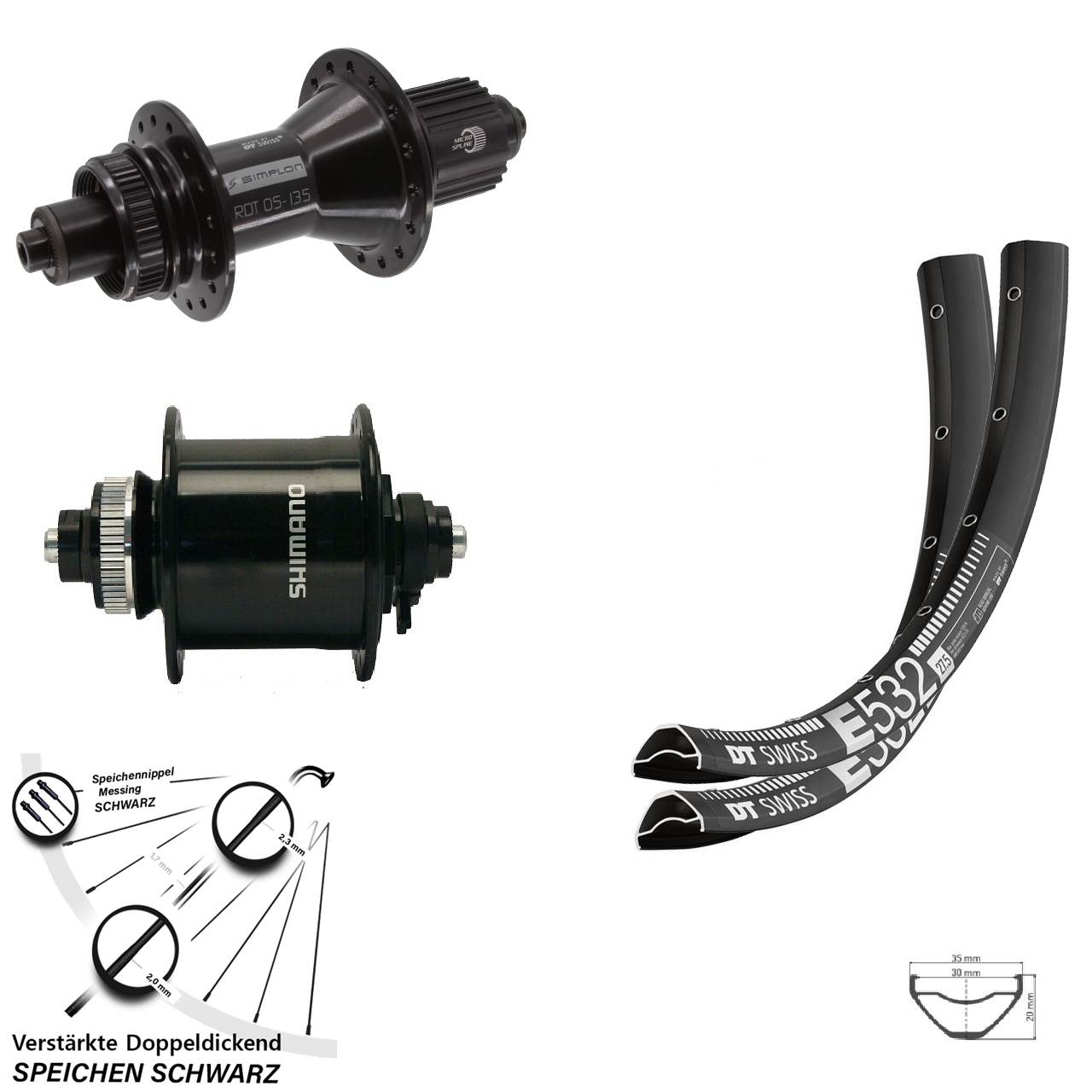 27,5 Zoll DT Swiss E 532 370 Hybrid Shimano DH-UR700 Disc Laufradsatz QR Micro Spline