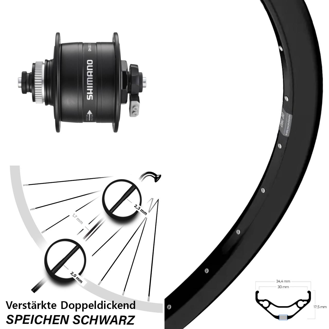 Nabendynamovorderrad Centerlock für Schnellspanner 29 Zoll Ryde Disc 30 Shimano DH-3D37