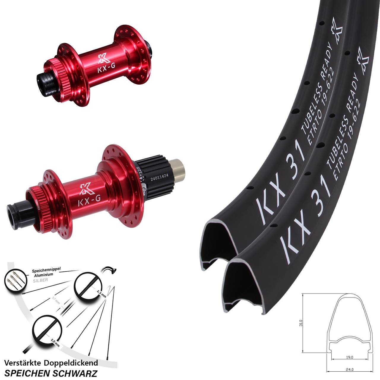 28 Zoll KX-G 31 rot Disc Laufrad-Satz 15x100 12x142 Micro Spline