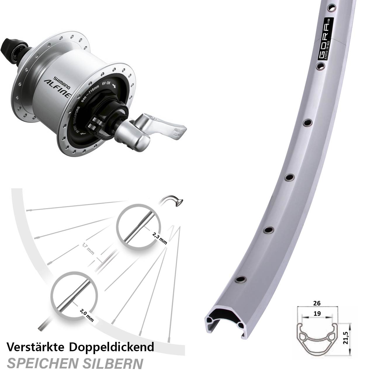 28 Zoll Vorderrad Alfine DH-S501 Gora 19 silbern