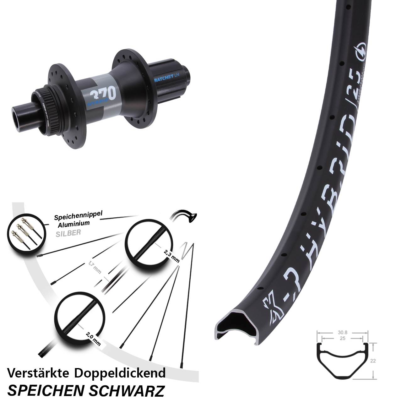 KX-R Hybrid 25 DT Swiss 370 27,5 Zoll Hinterrad Centerlock 12x148 Boost 8-11 fach HG