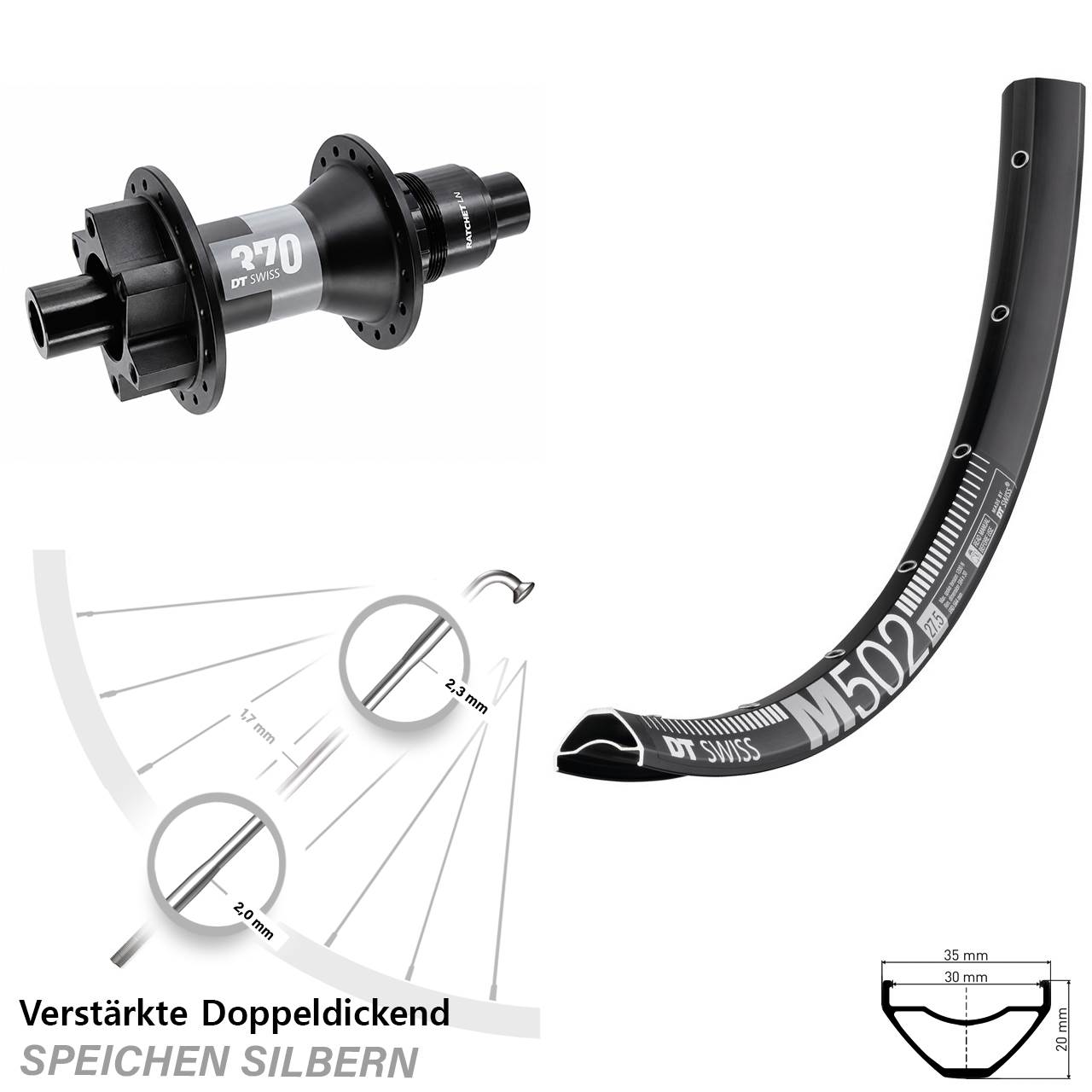 29 Zoll DT Swiss M502-370 Boost Hinterrad 6-Loch 12x148 XD