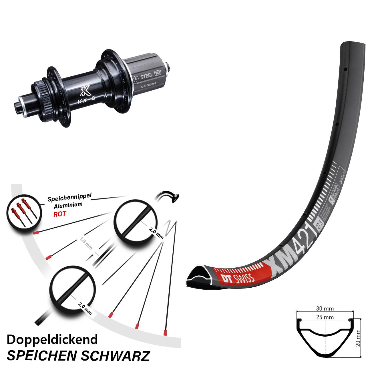 Hinterrad 27,5 Zoll DT Swiss XM421 KX-GS 5x135 Centerlock 8-12 fach