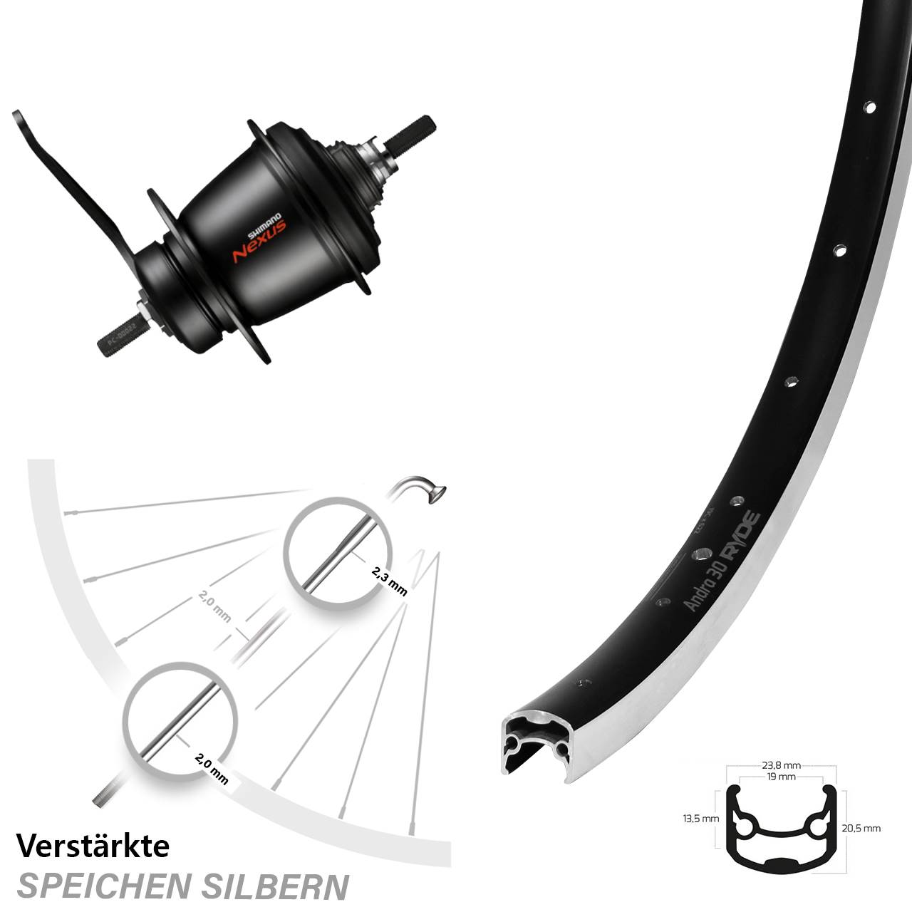 26 Zoll Hinterrad Ryde Andra 30 Shimano SGC3001-7-Gang