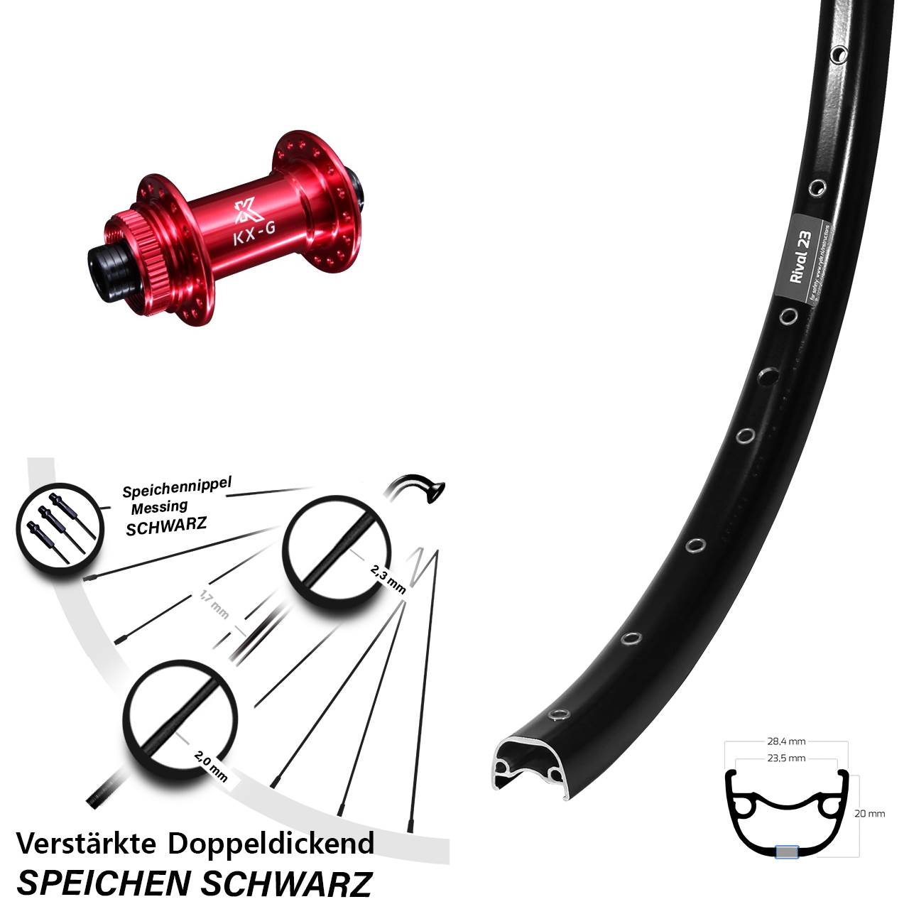 Ryde Rival 23 Vorderrad 27,5 Zoll mit KX-G Steckachse 12x100 Nabe rot-eloxiert