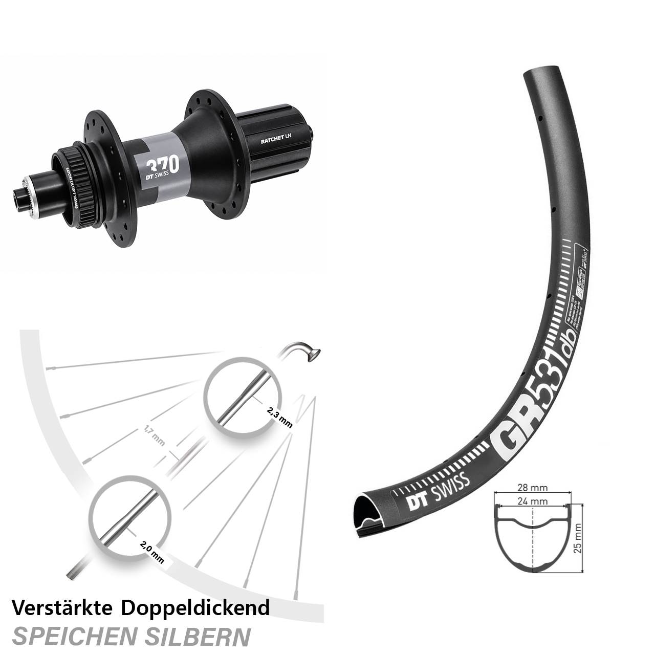 DT Swiss GR531-370 28 Zoll Hinterrad Centerlock für Schnellspanner 8-12 fach HG