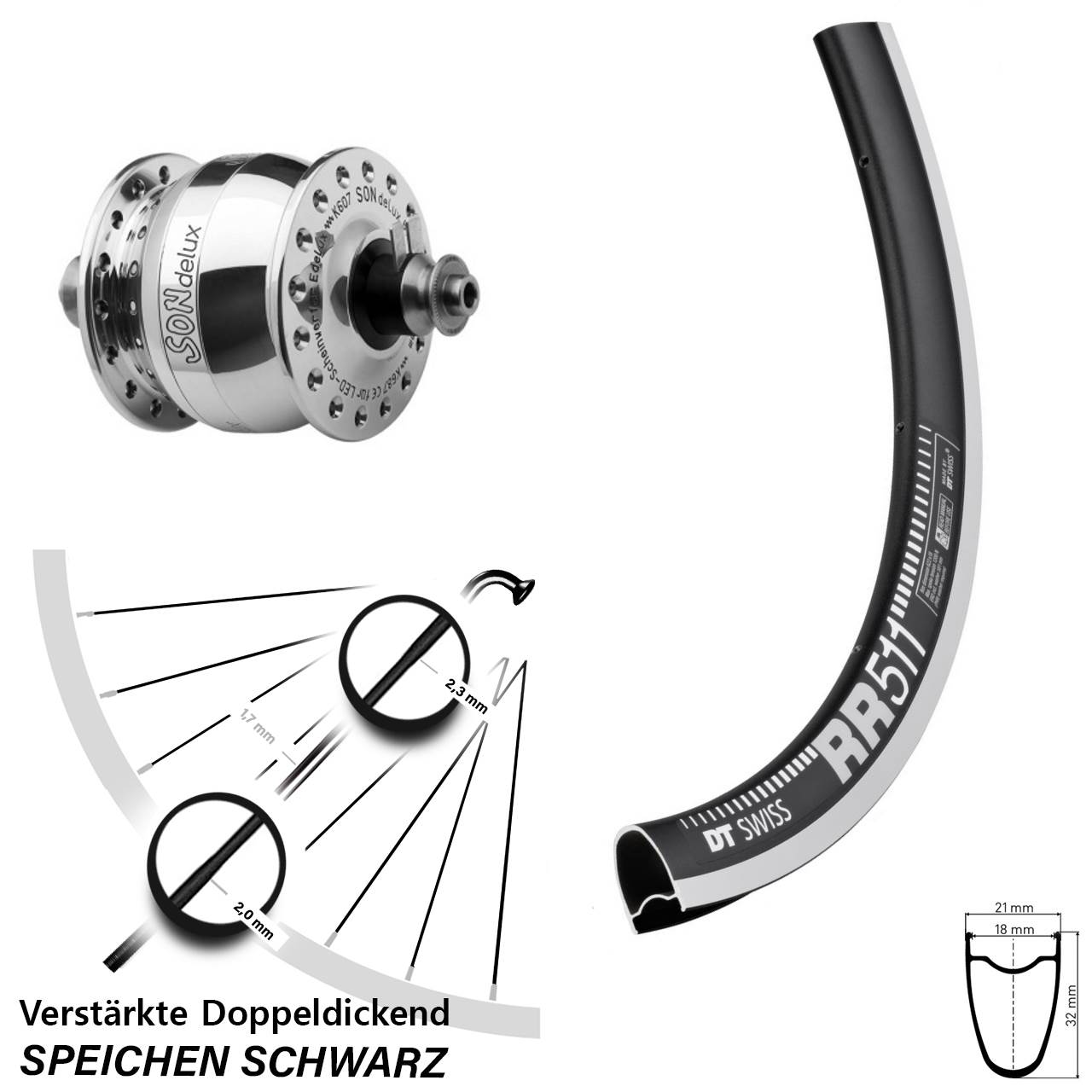 Vorderrad mit Nabendynamo für Schnellspanner 28 Zoll DT Swiss RR 511 SONdelux poliert