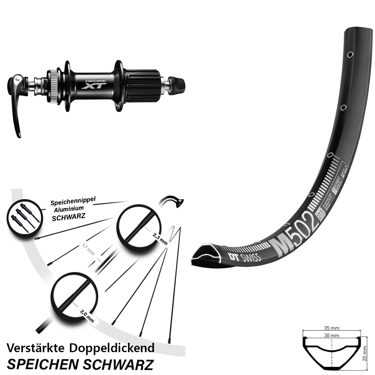 Centerlock Hinterrad 27,5 Zoll DT Swiss M502 Shimano XT 8-11 fach für Schnellspanner