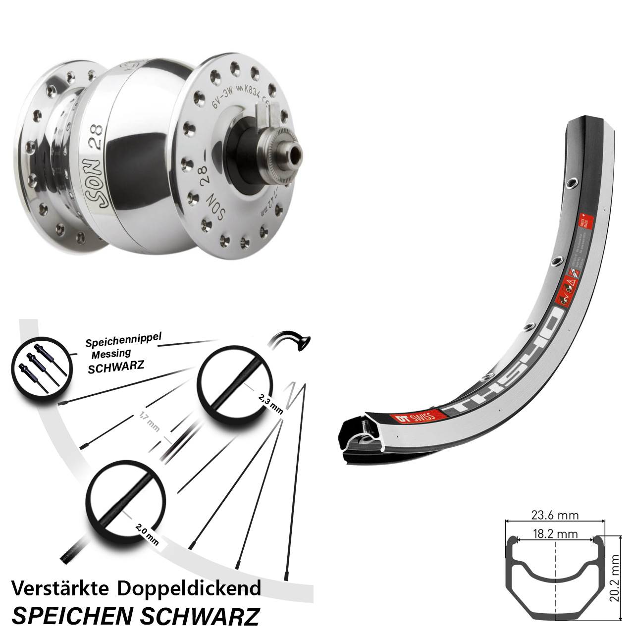 SON 28 Zoll DT Swiss TK 540 Nabendynamovorderrad für Schnellspanner