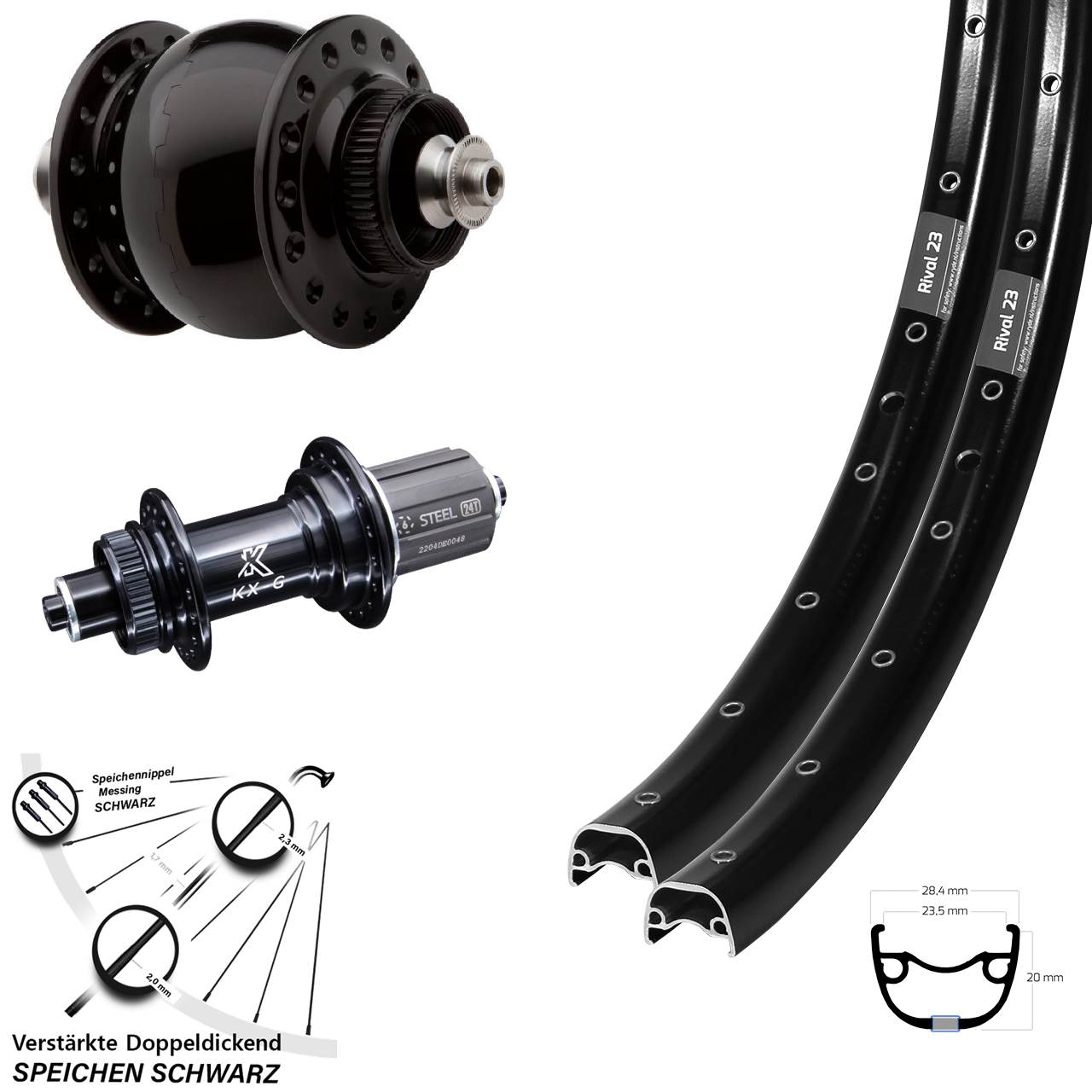 27,5 Zoll Ryde Rival 23 KX-GS verstärkt SON 28 Disc Laufrad-Satz 8-12 fach HG