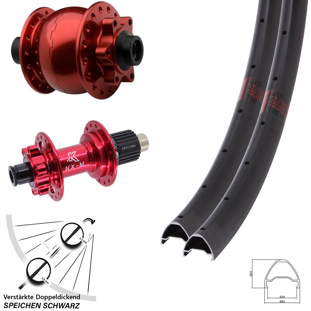 Laufradsatz 6-Loch 15x100 12x142 27,5 Zoll KX-M Clue rot SON 28 Shimano Micro Spline