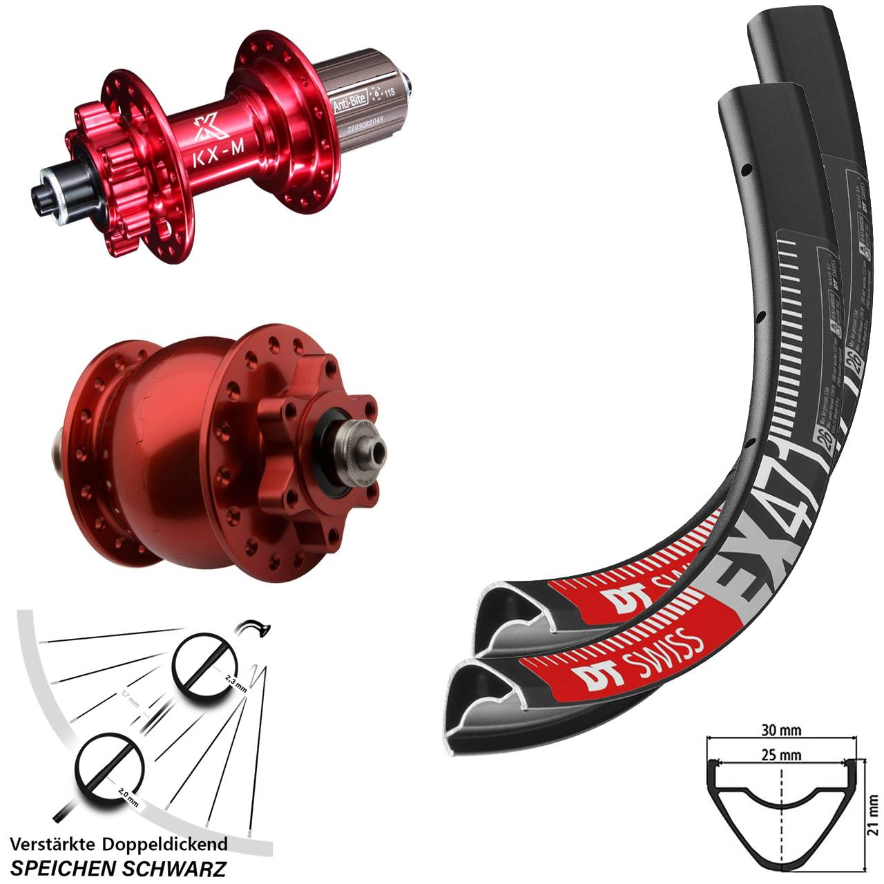 DT Swiss EX471 KX-M rot Disc 6-Loch SON 28 Laufradsatz 27,5 Zoll QR 8-12 fach HG