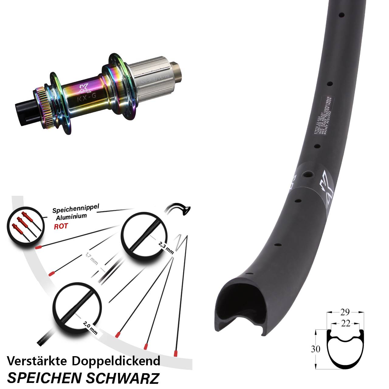 Centerlock Hinterrad 12x142 29 Zoll KX-GRC Carbon verstärkt Oilslick 8-12 fach HG