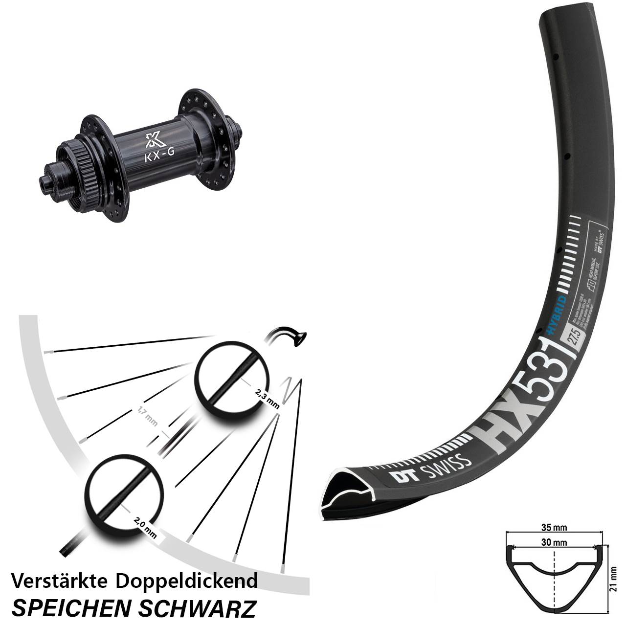 DT Swiss HX 531 KX-G 29 Zoll Vorderrad Centerlock für Schnellspanner