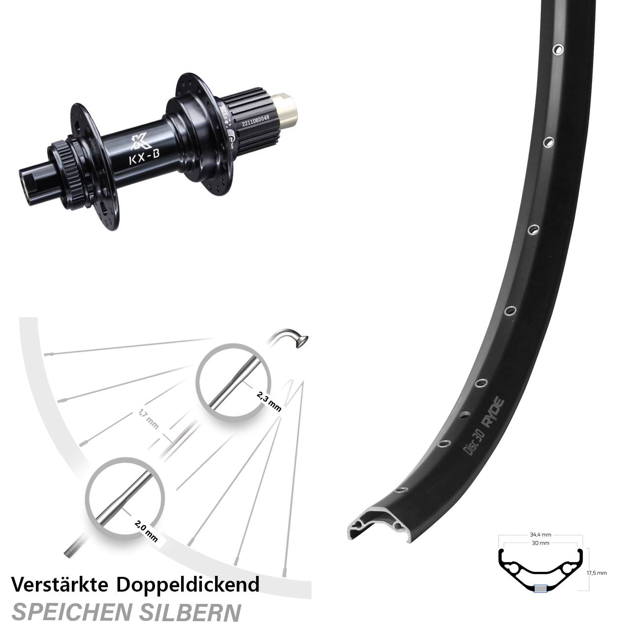 29 Zoll Ryde Disc 30 KX-B Centerlock Hinterrad 12x148 Shimano Micro Spline