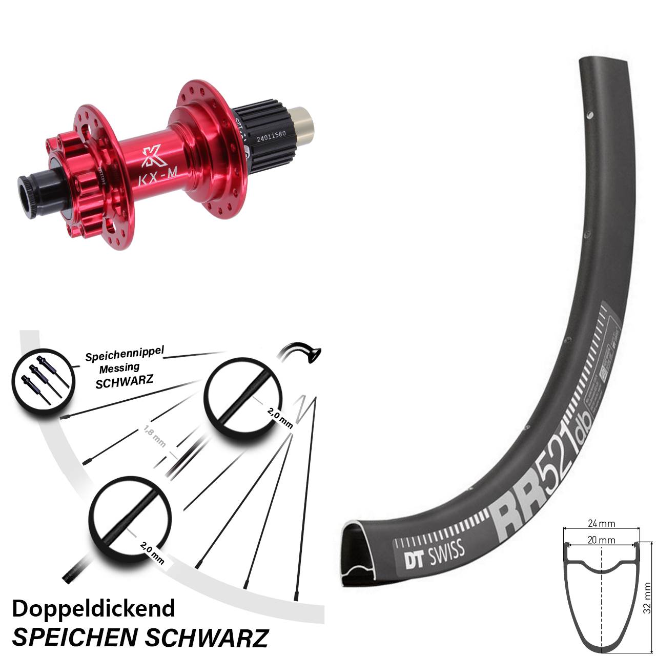 28 Zoll DT Swiss RR521 Hinterrad KX-M rot Micro Spline 12x142