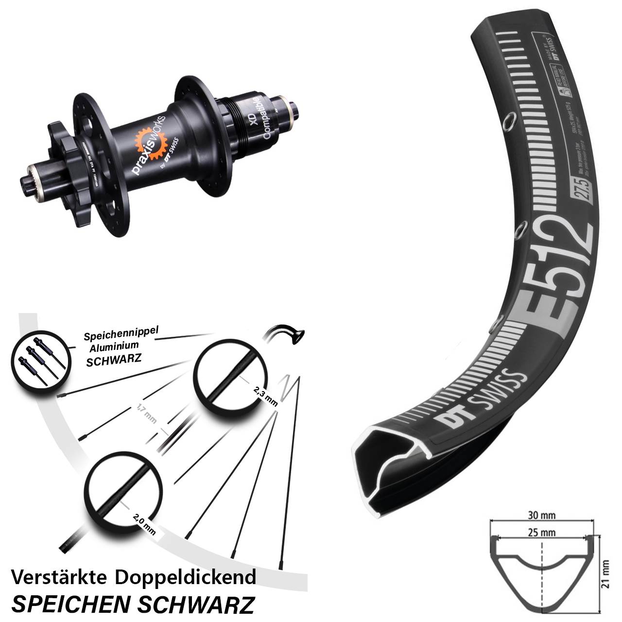 DT Swiss E512-350 29 Zoll Hinterrad 6-Loch Disc für Schnellspanner XD