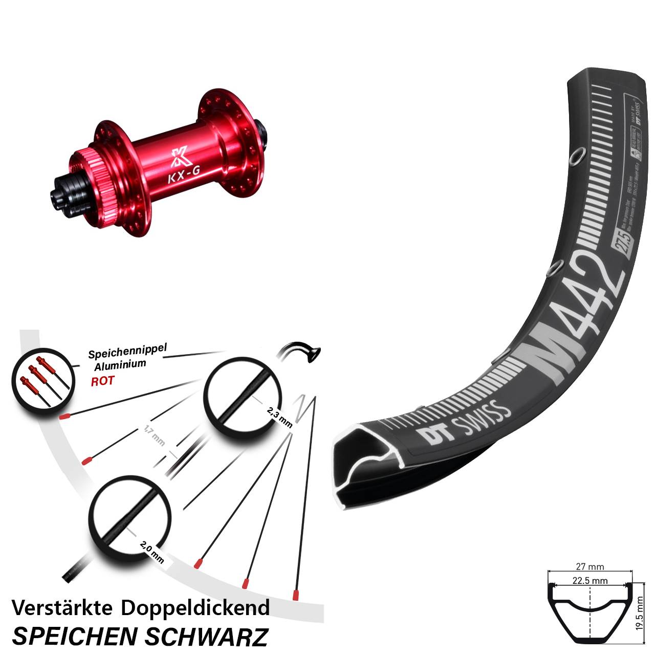 DT Swiss M442 KX-G rot 29 Zoll Centerlock Vorderrad QR