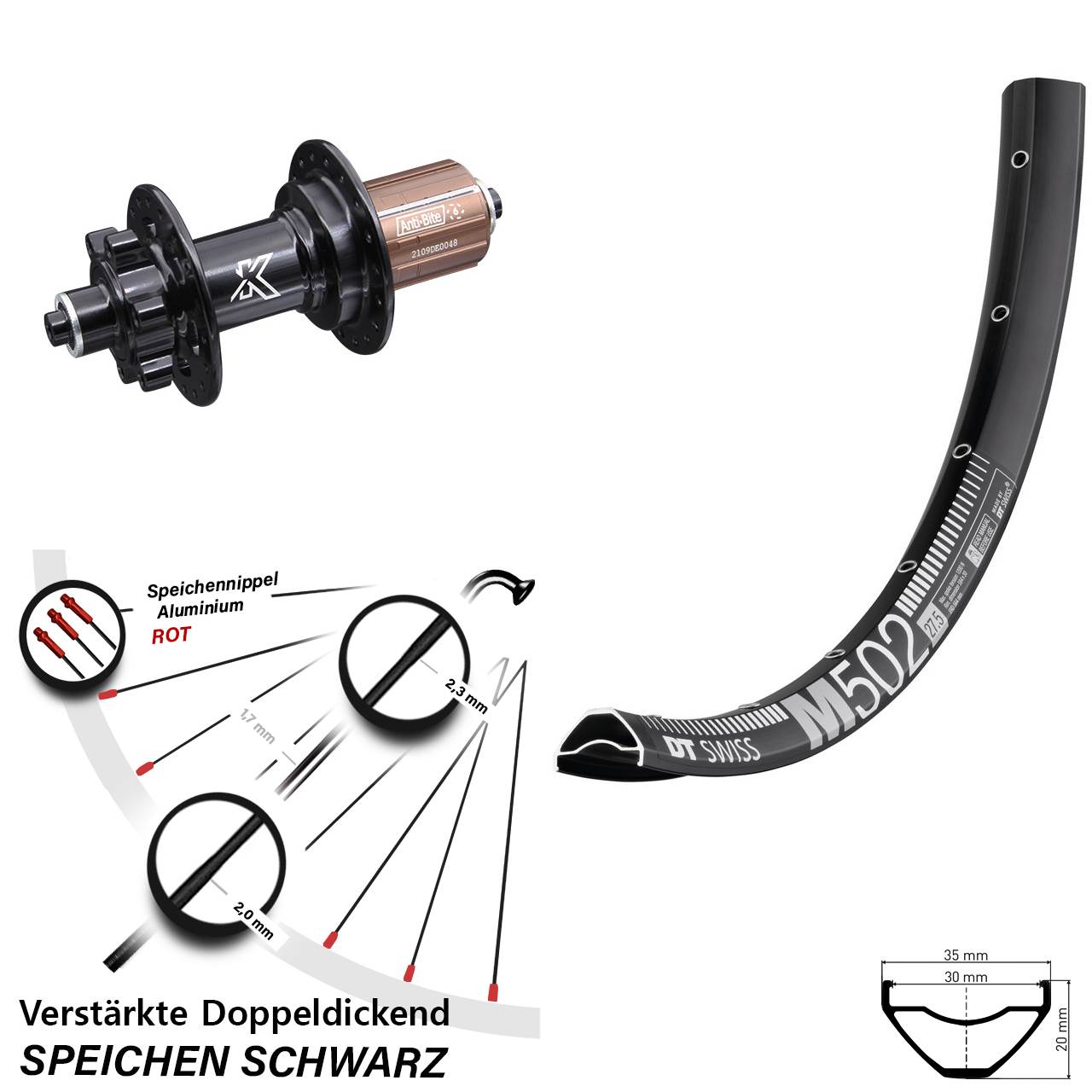 DT Swiss M502 KX-M 27,5 Zoll Hinterrad 6-Loch QR 8-11 fach HG