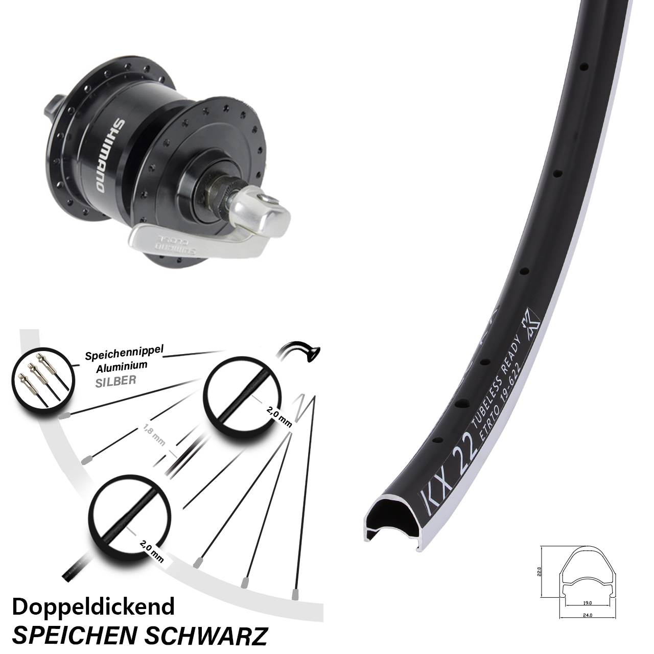 Vorderrad mit Nabendynamo QR 28 Zoll KX 22 Shimano DH3N72