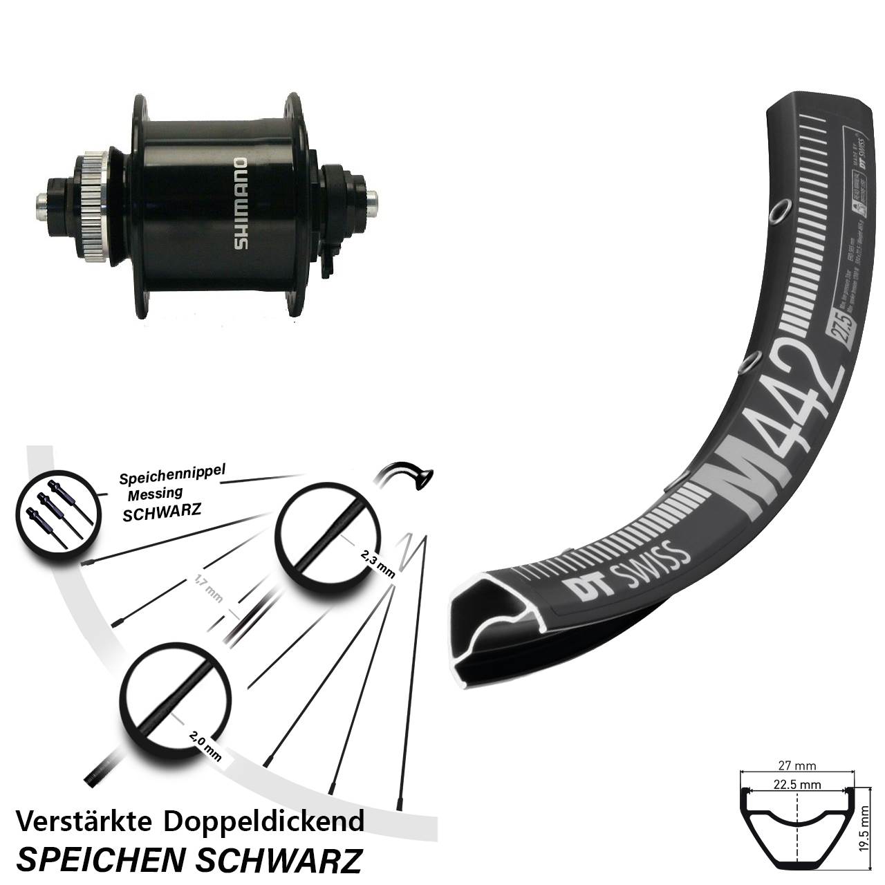Nabendynamo-Vorderrad Centerlock 29 Zoll DT Swiss M442 Shimano DH-UR700 QR