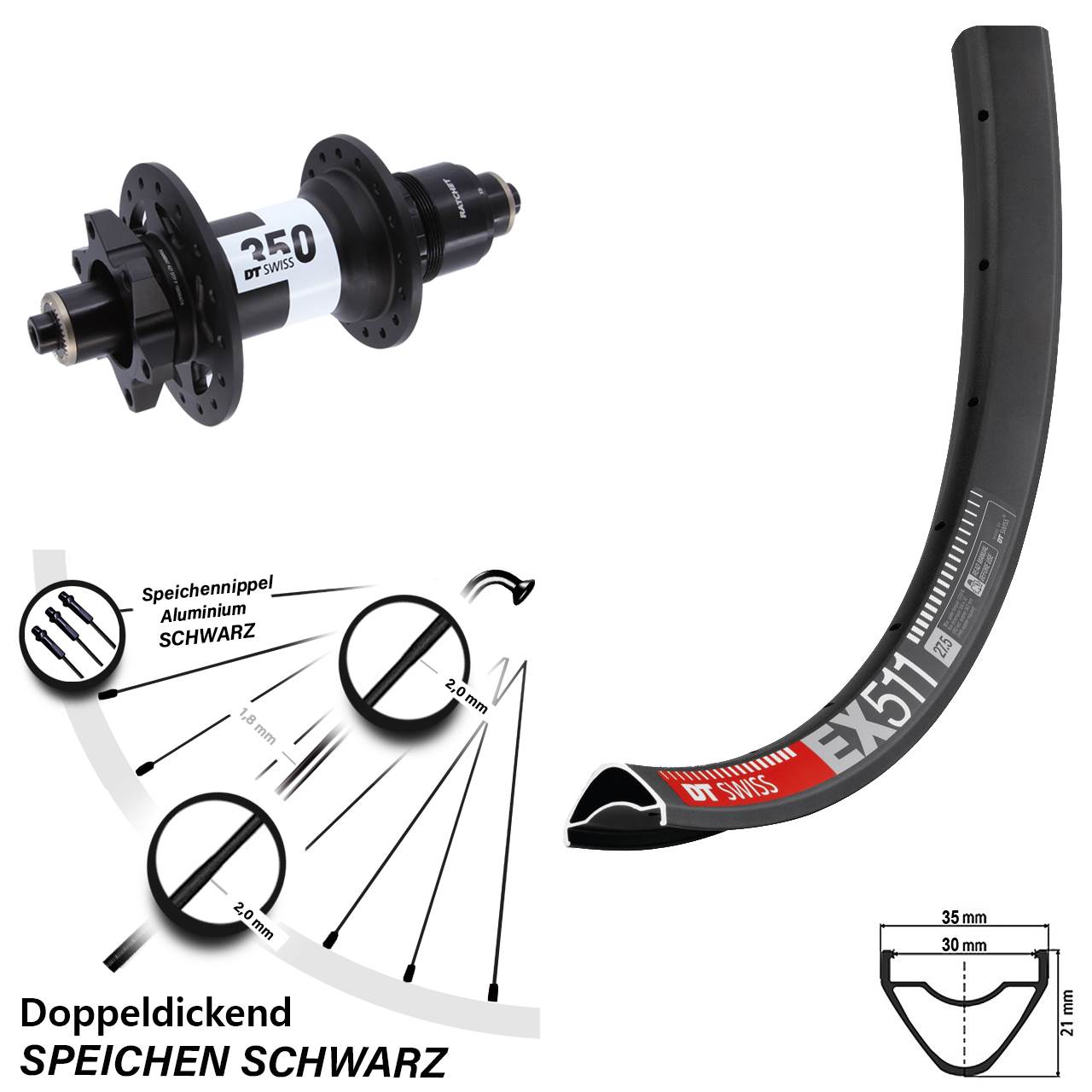 27,5 Zoll DT Swiss EX 511-350 Disc Laufrad für Schnellspanner XD 11-12 fach