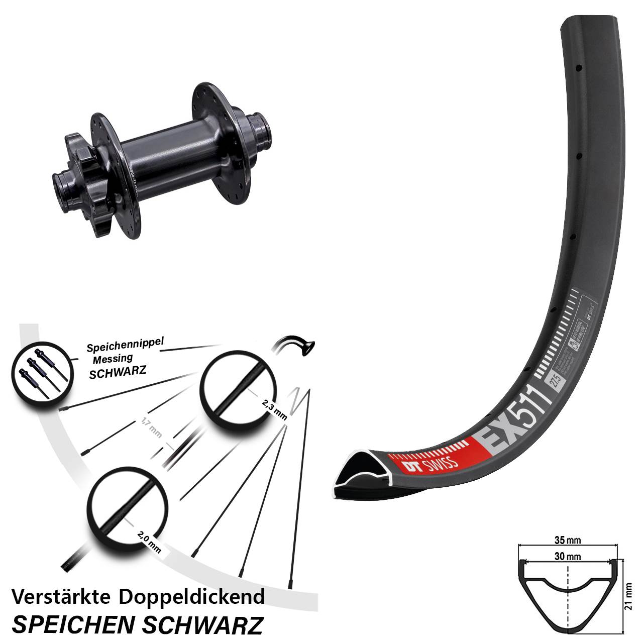 27,5 Zoll DT Swiss EX511 Aivee Vorderrad 6-Loch 15x110 Boost
