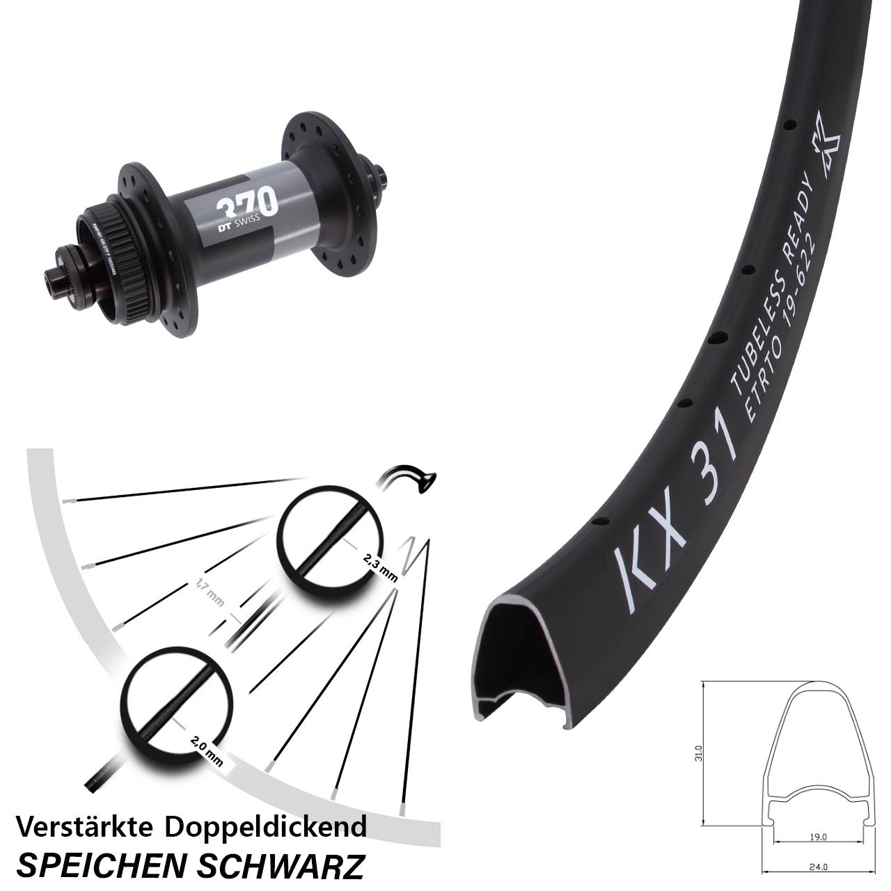 Disc Vorderrad für Schnellspanner 28 Zoll KX31 DT Swiss 370 QR