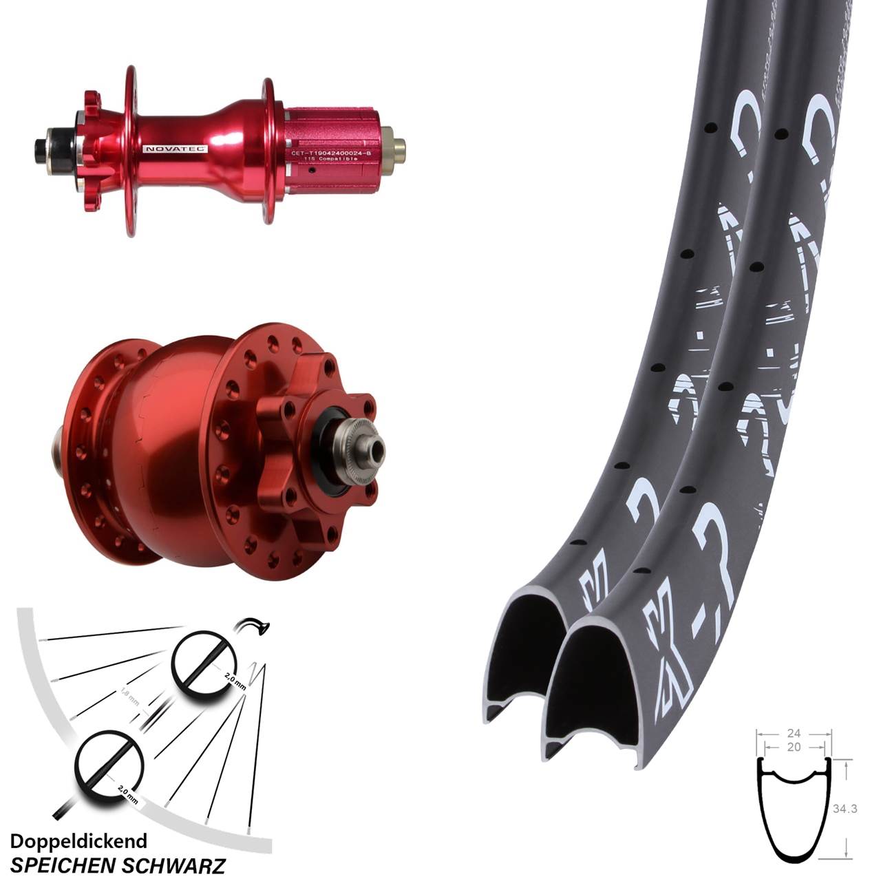 Laufradsatz für Schnellspanner 28-29 Zoll KX-R Novatec D792 SON 28 rot 8-12 fach HG