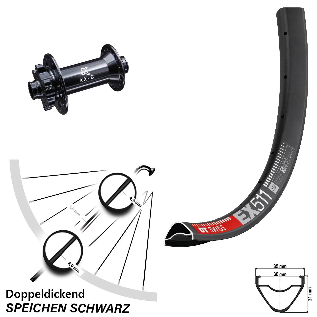 Vorderrad 27,5 Zoll DT Swiss EX 511 KX-B 6-Loch Boost