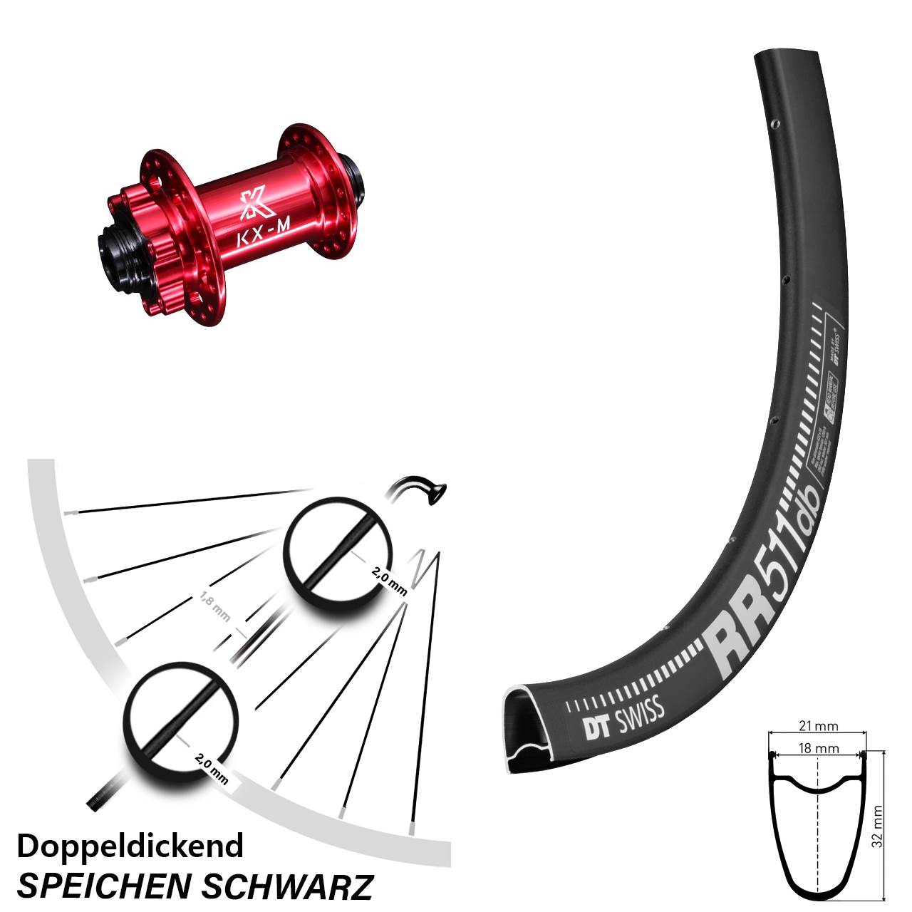 28 Zoll DT Swiss RR511 KX-M rot 6-Loch Vorderrad 15x100