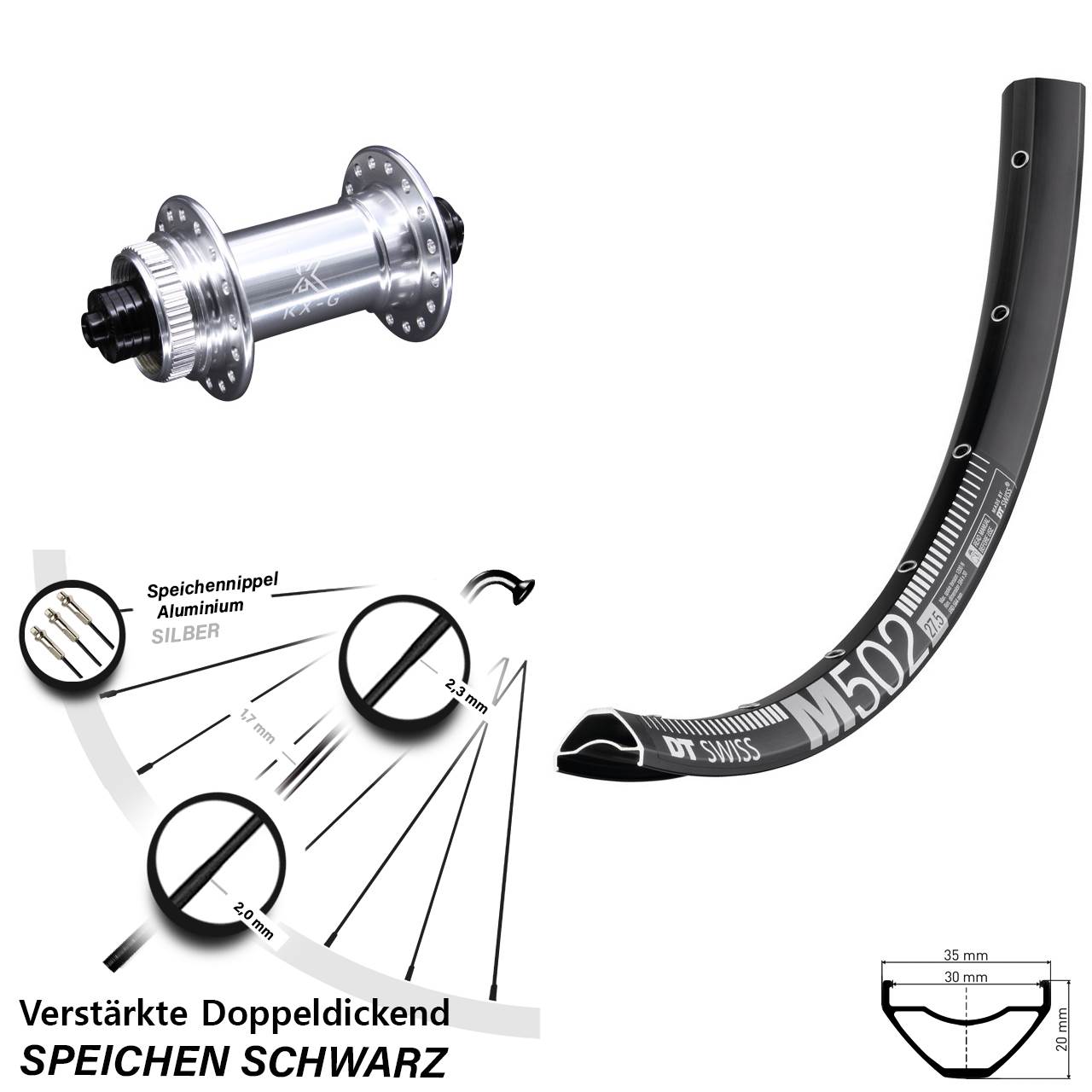 DT Swiss M 502 KX-G 27,5 Zoll Vorderrad Centerlock QR