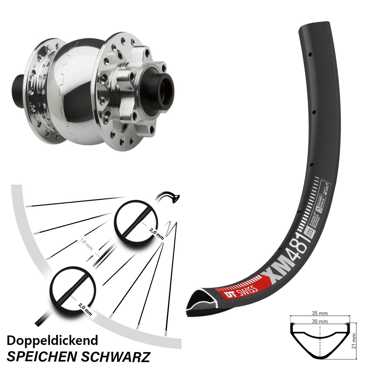 Disc Laufrad mit Nabendynamo 27,5 Zoll DT Swiss XM 481 SON 28 silbern 15x100