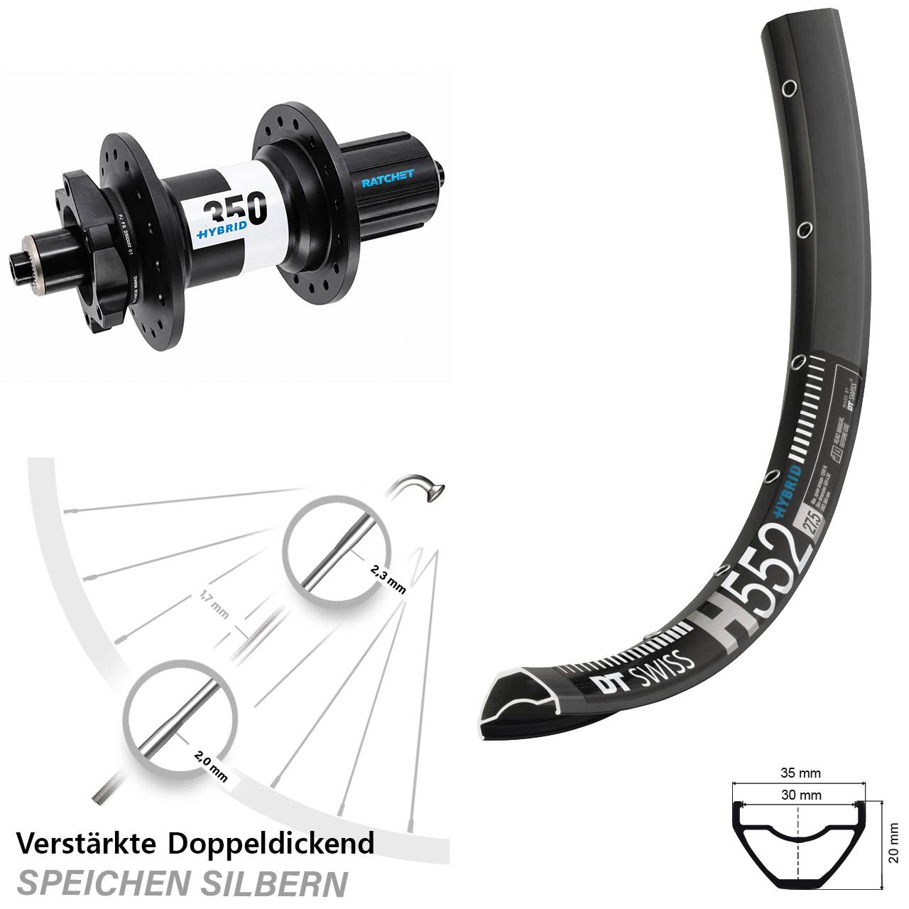 Hinterrad 29 Zoll DT Swiss H552-350 Hybrid 8-11 fach HG für Schnellsp.