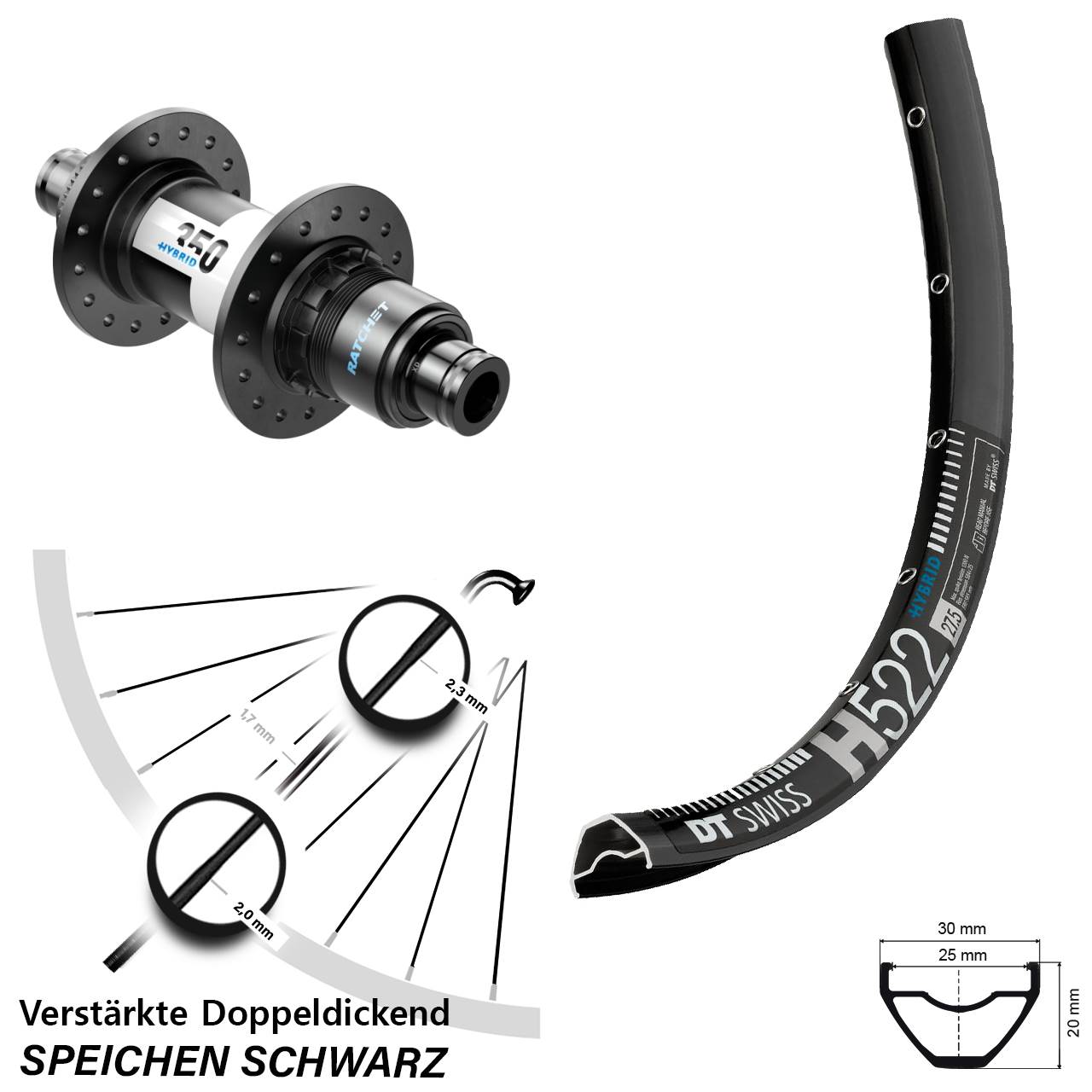 28 Zoll DT Swiss H 522 350 Hybrid Centerlock Hinterrad 12x148 XD 11-12 fach