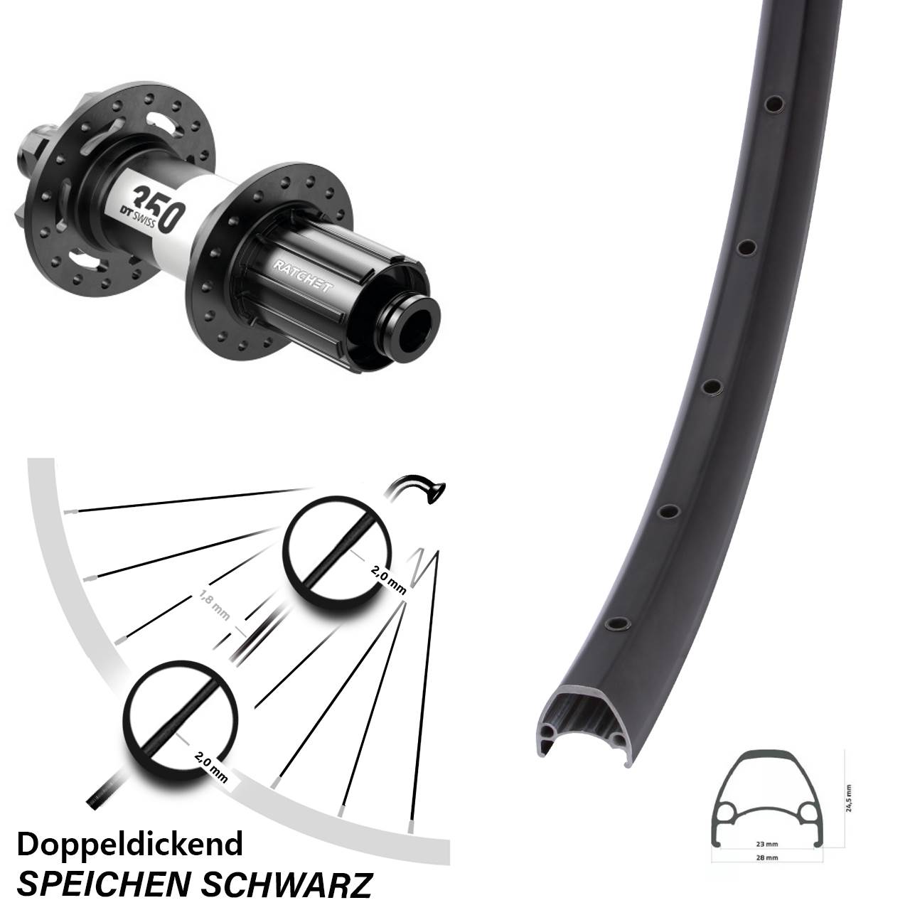 28 Zoll Ambrosio Sport DT Swiss 350 Hinterrad 6-Loch 12x142 8-11 fach