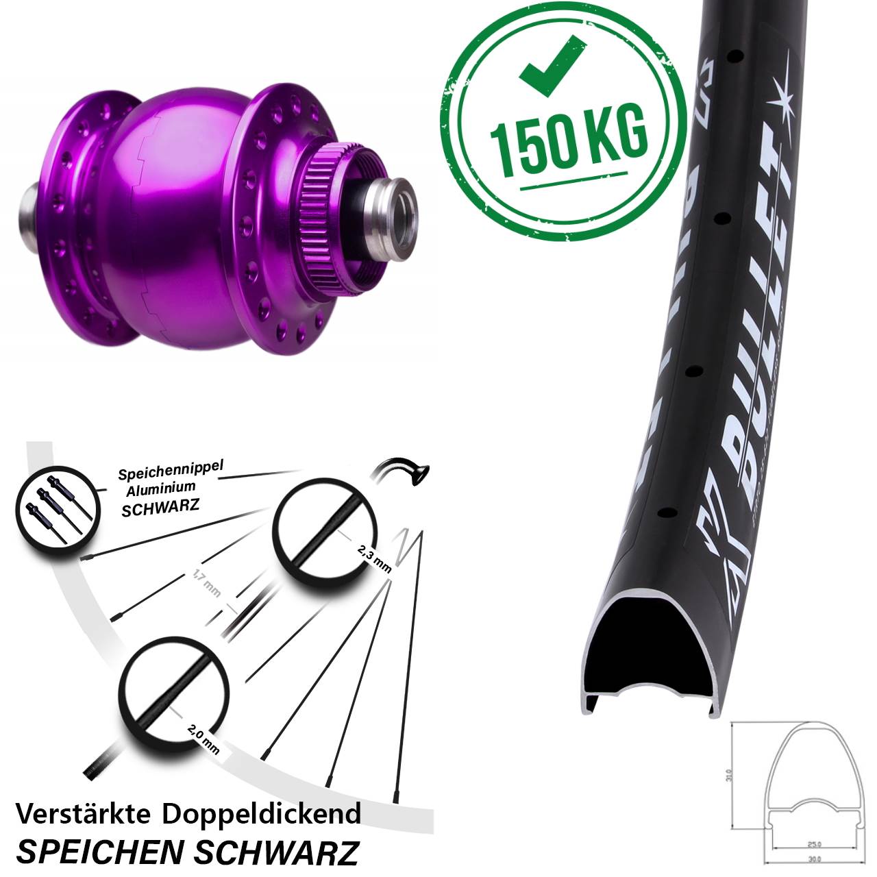 SON 28 violett KX Bullet Zoll Disc Vorderrad mit Nabendynamo 12x100
