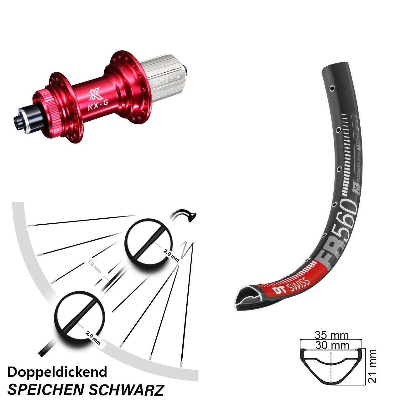 26 Zoll Hinterrad DT Swiss FR 560 KX-G rot 8-12 fach