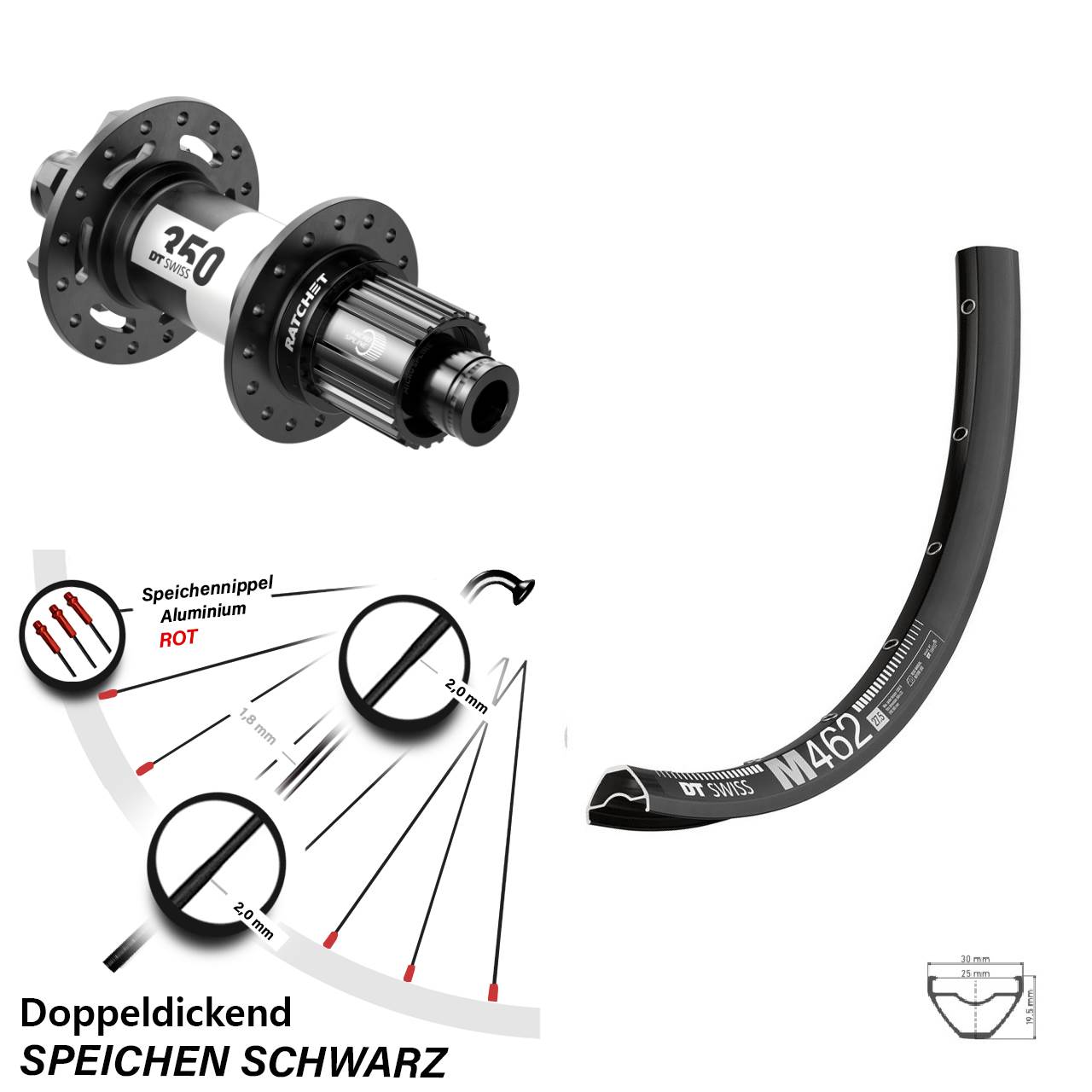 27,5 Zoll Hinterrad DT Swiss M 462 350 6-Loch Micro Spline 12x148