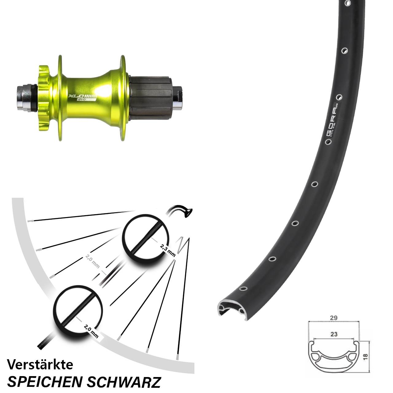 Hinterrad 6-Loch 26 Zoll Gora 23 XLC grün 8-11 fach 12x142