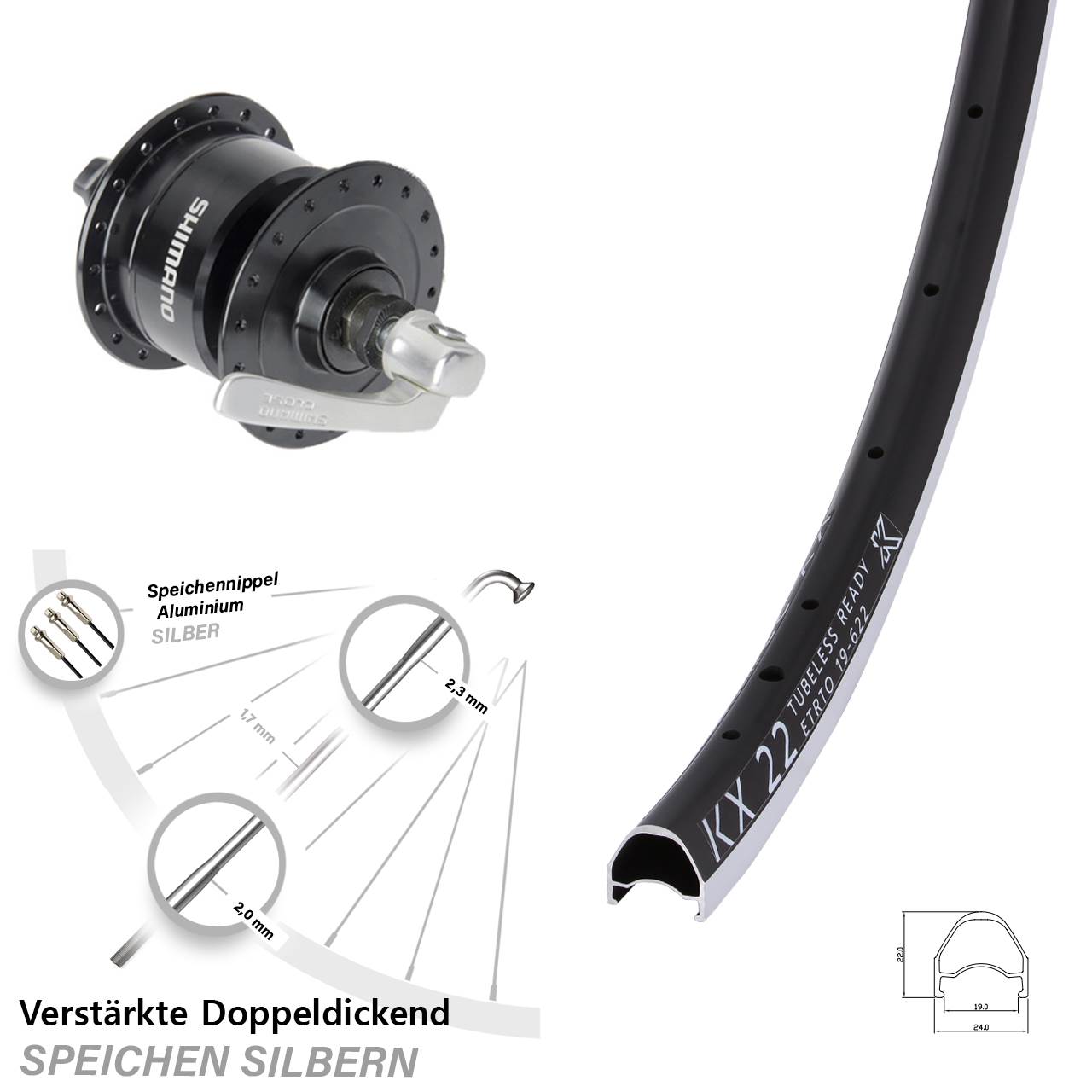 KX 22 Shimano DH3N72 28 Zoll Nabendynamovorderrad QR
