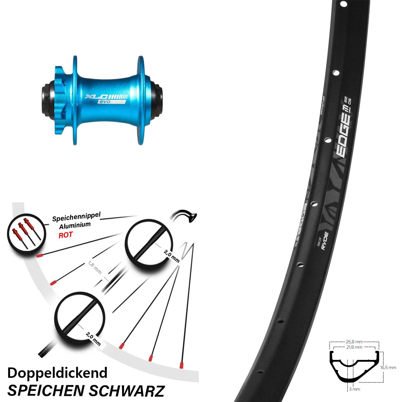 Ryde Edge M22 OS Vorderrad 29 Zoll mit XLC Evo Nabe blau